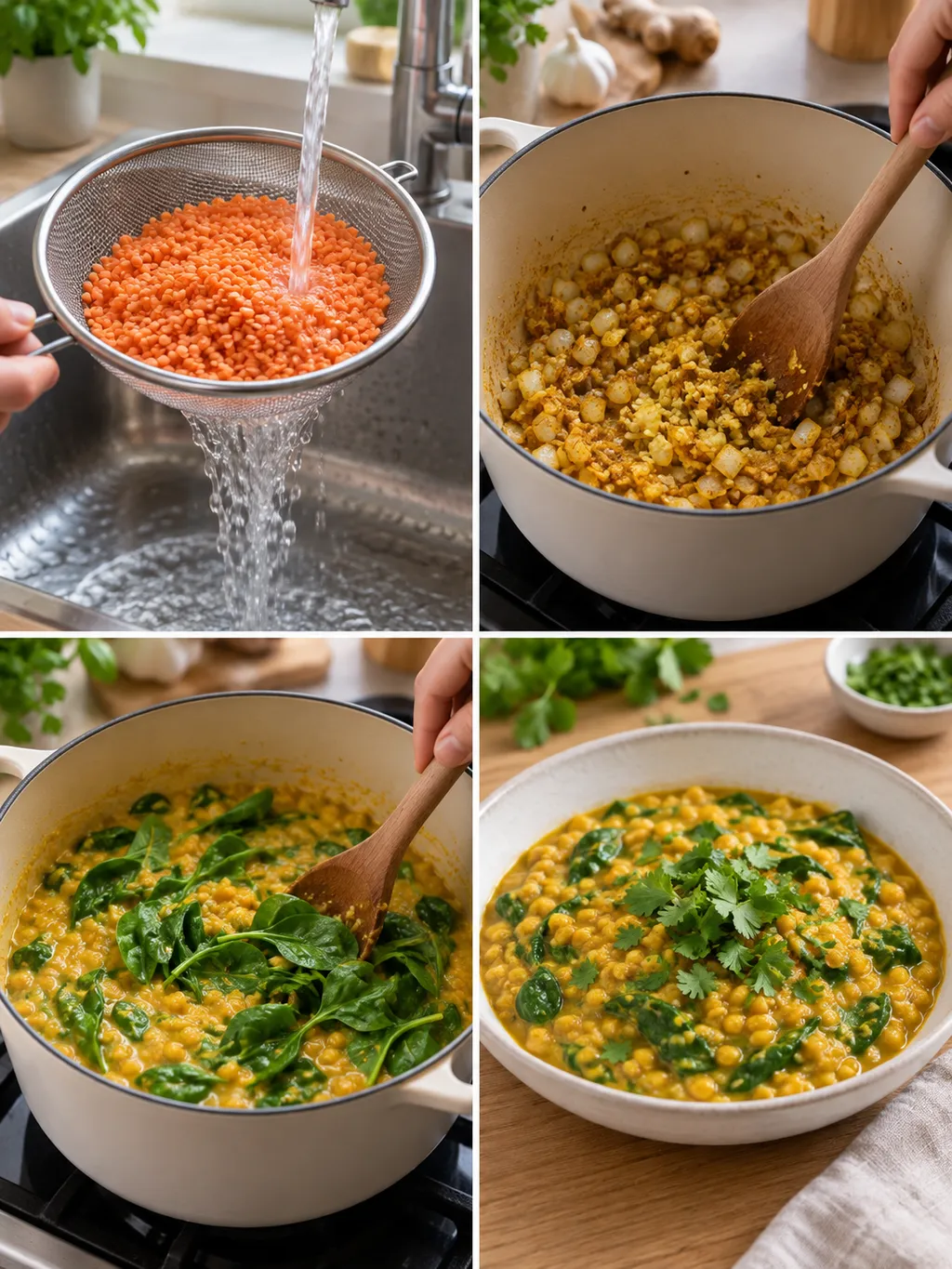 Linsen spülen, Gewürze rösten, Spinat unterheben und das fertige Curry servieren
