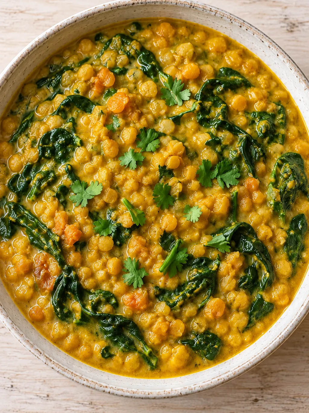Cremiges Rote-Linsen-Curry mit grünen Spinatblättern und gehacktem Koriander