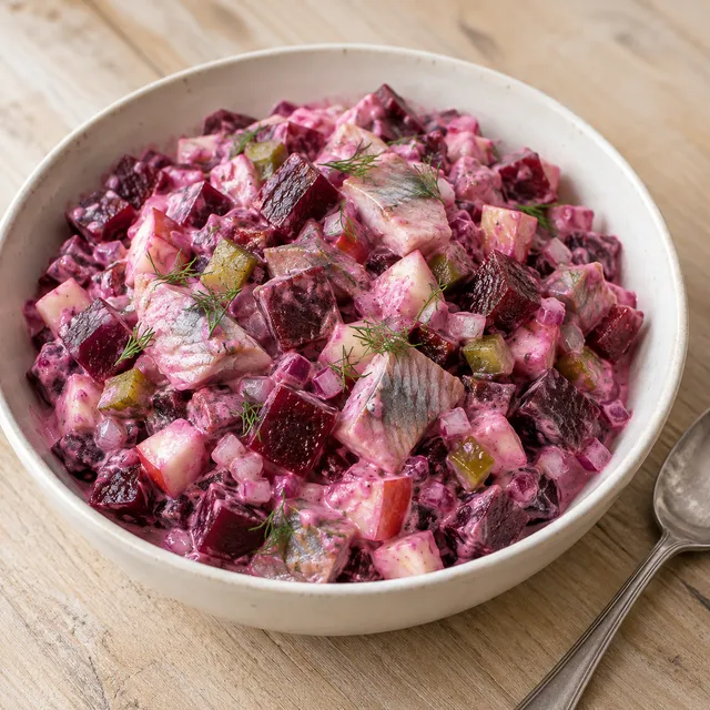 Roter Heringssalat mit Roter Bete, Apfel und Dill in einer hellen Schüssel