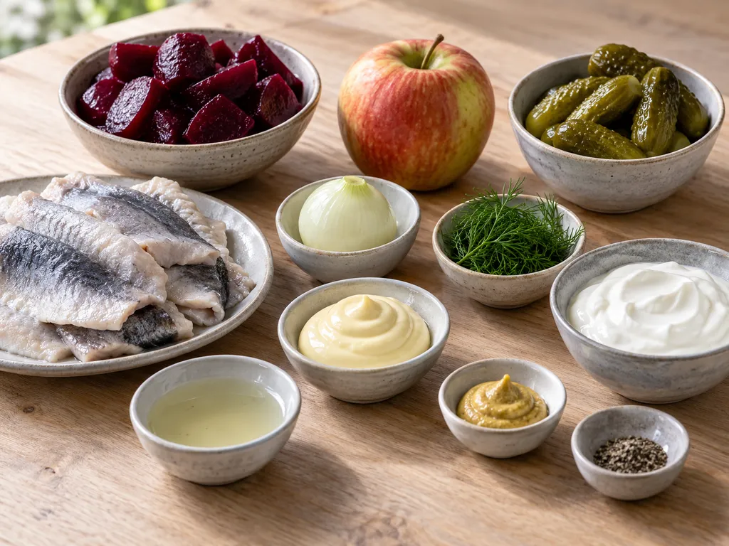 Bismarckhering, gekochte Rote Bete, Apfel und weitere Zutaten für Heringssalat