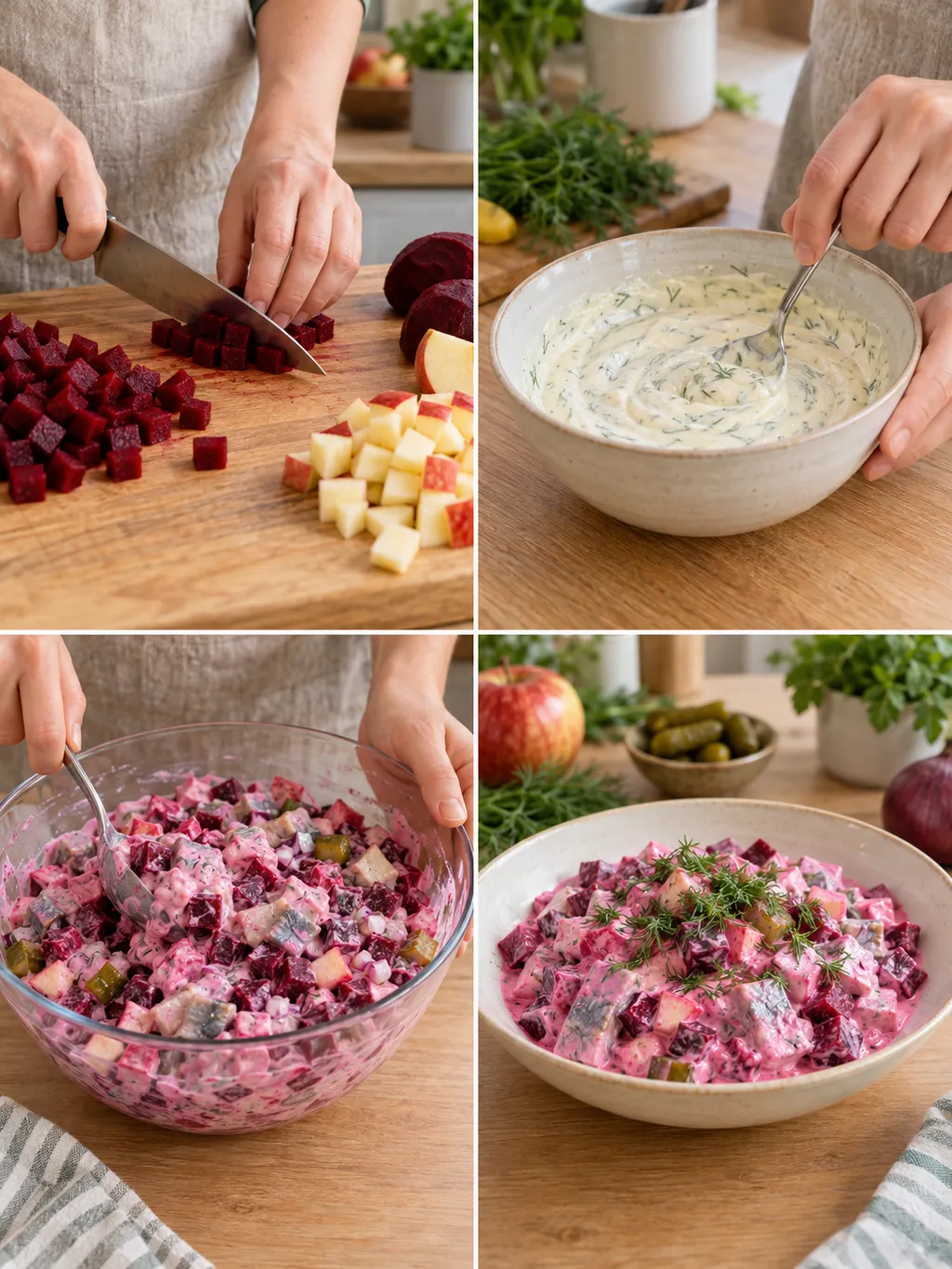 Zubereitung von rotem Heringssalat vom Würfeln bis zur fertigen Portion mit Dill