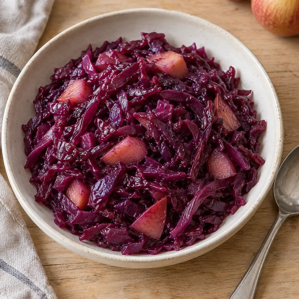 Geschmorter Rotkohl mit weichen Apfelstücken in einer cremeweißen Schale