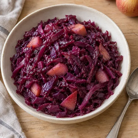 Geschmorter Rotkohl mit weichen Apfelstücken in einer cremeweißen Schale
