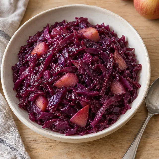 Geschmorter Rotkohl mit weichen Apfelstücken in einer cremeweißen Schale