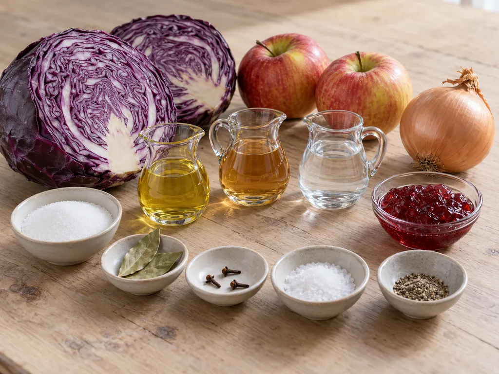 Rotkohl, zwei Äpfel, Zwiebel, Essig, Gelee und Gewürze für Apfelrotkohl