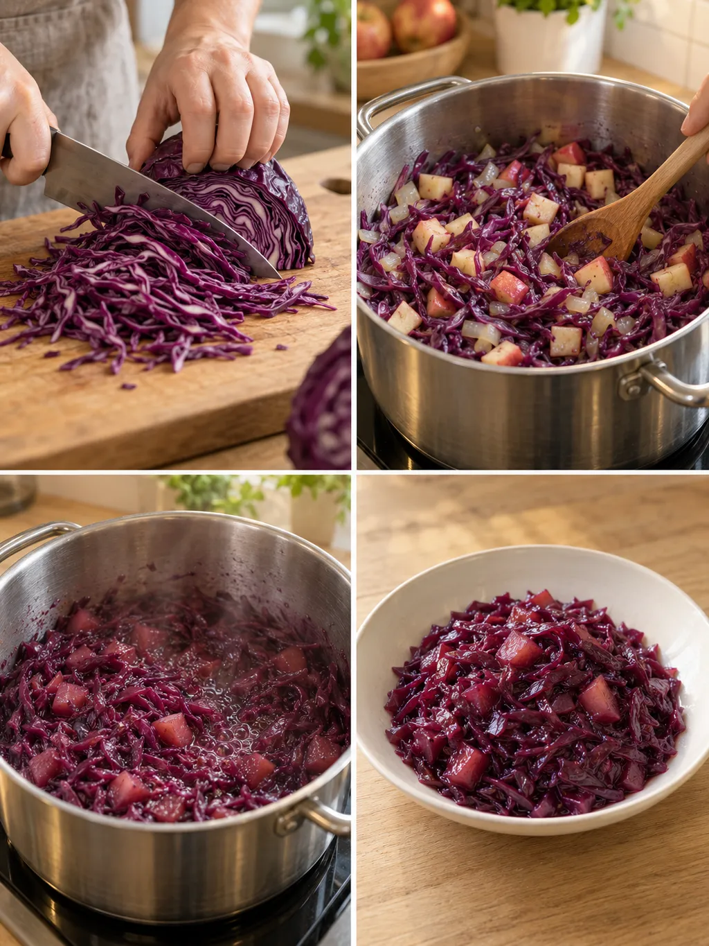 Rotkohl schneiden, mit Äpfeln garen, einkochen und fertig in einer Schale servieren