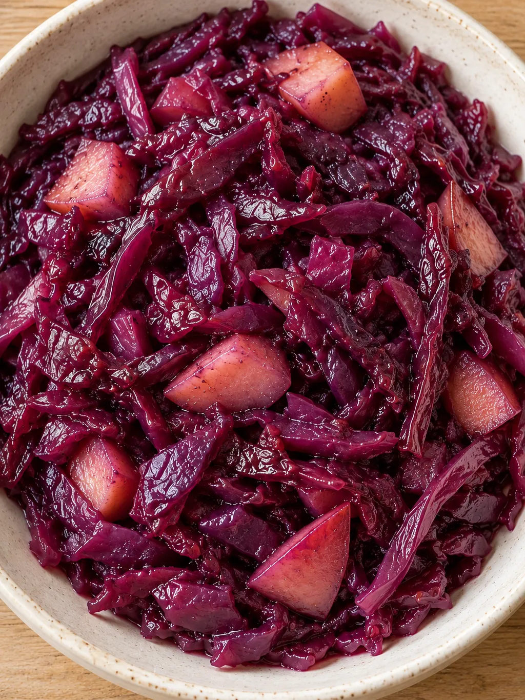 Saftiger Apfelrotkohl mit feinen violetten Kohlstreifen und weichen Apfelstücken