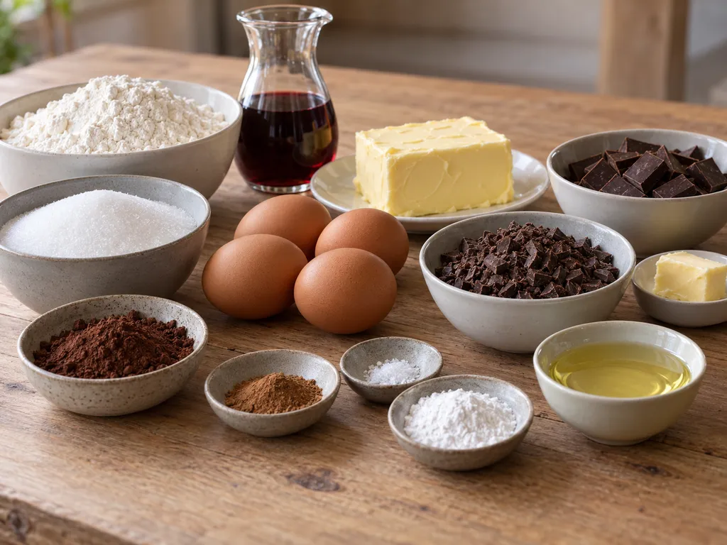 Mehl, Butter, vier Eier, Rotwein, Kakao, Zimt und Schokolade für einen Kastenkuchen