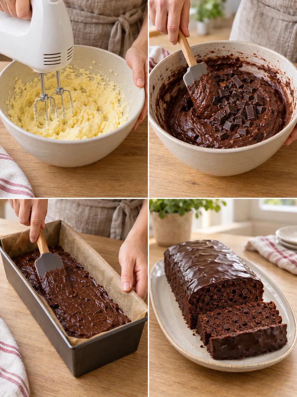 Butter aufschlagen, Schokolade unterheben, Teig einfüllen und fertiger Rotweinkuchen