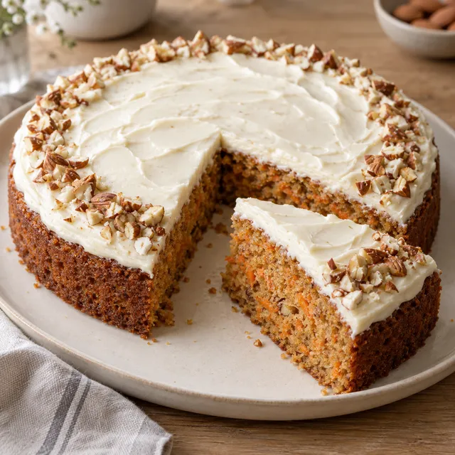 Rüblikuchen mit weißer Frischkäsecreme, Mandelrand und einem herausgeschnittenen Stück