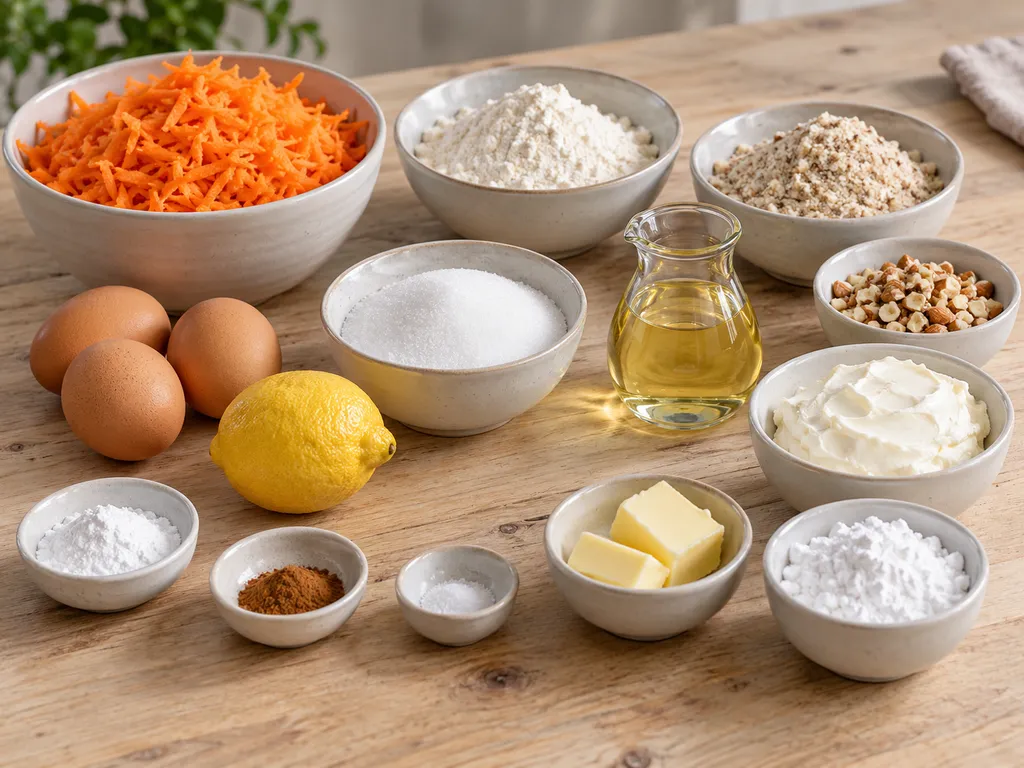 Möhrenraspel, Mandeln, Mehl, drei Eier und weitere Zutaten für Rüblikuchen