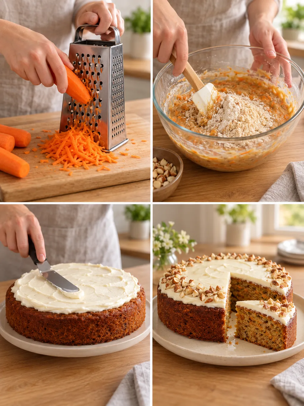 Möhren raspeln, Kuchenteig mischen, Creme auftragen und fertiger Rüblikuchen