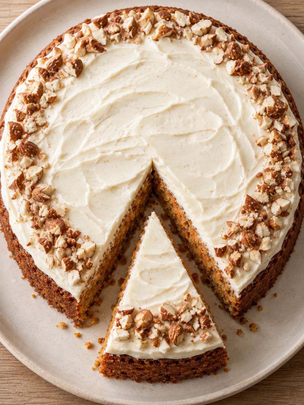 Rüblikuchen mit dünner Frischkäsecreme und gehackten Mandeln von oben