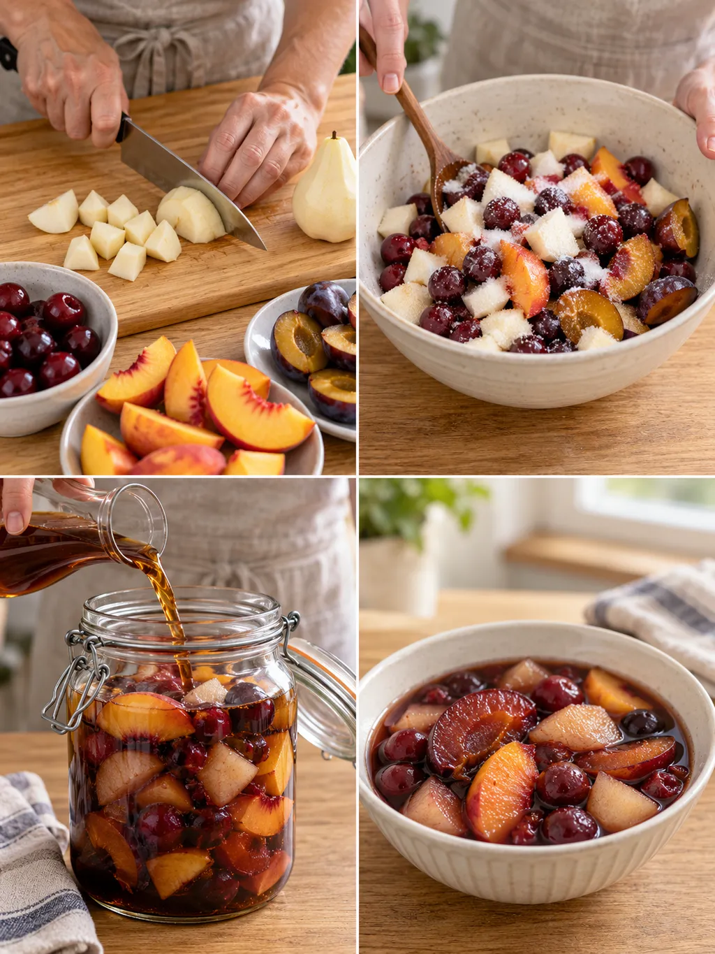 Birnen schneiden, Obst zuckern, Rum zugießen und den gereiften Rumtopf servieren