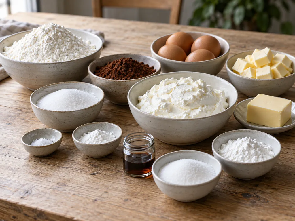 Mehl, Kakao, Butter, Zucker, Eier und Quark für Russischen Zupfkuchen