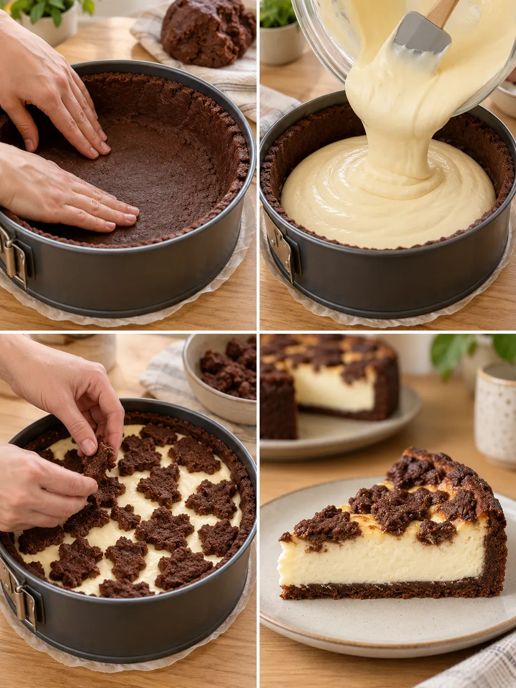 Zupfkuchen vom Formen des Kakaobodens über das Füllen bis zum fertigen Kuchenstück