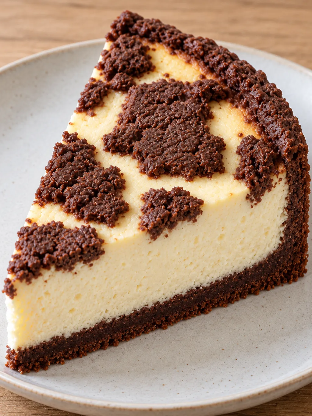 Kuchenstück mit cremiger Quarkfüllung zwischen Kakaoboden und dunklen Teigzupfen