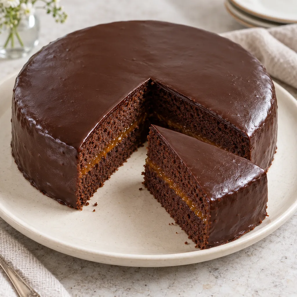 Sachertorte mit dunkler Glasur und einer dünnen Aprikosenfüllung im Anschnitt