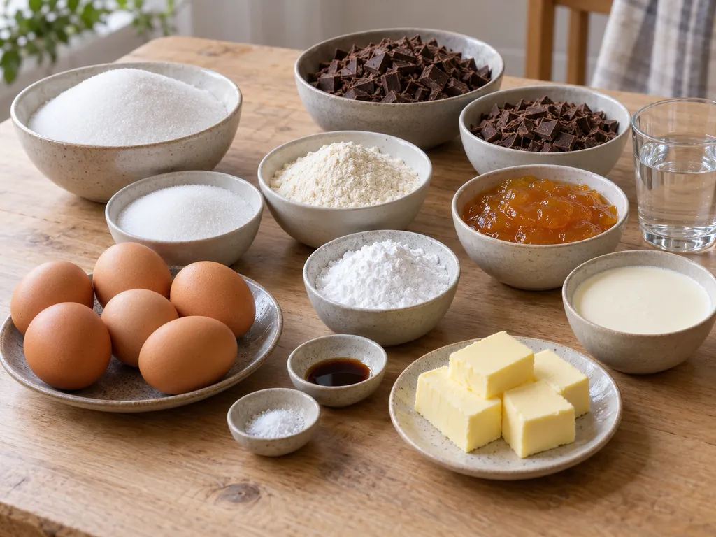 Schokolade, sechs Eier, Butter, Zucker, Mehl und Aprikosenkonfitüre für Sachertorte
