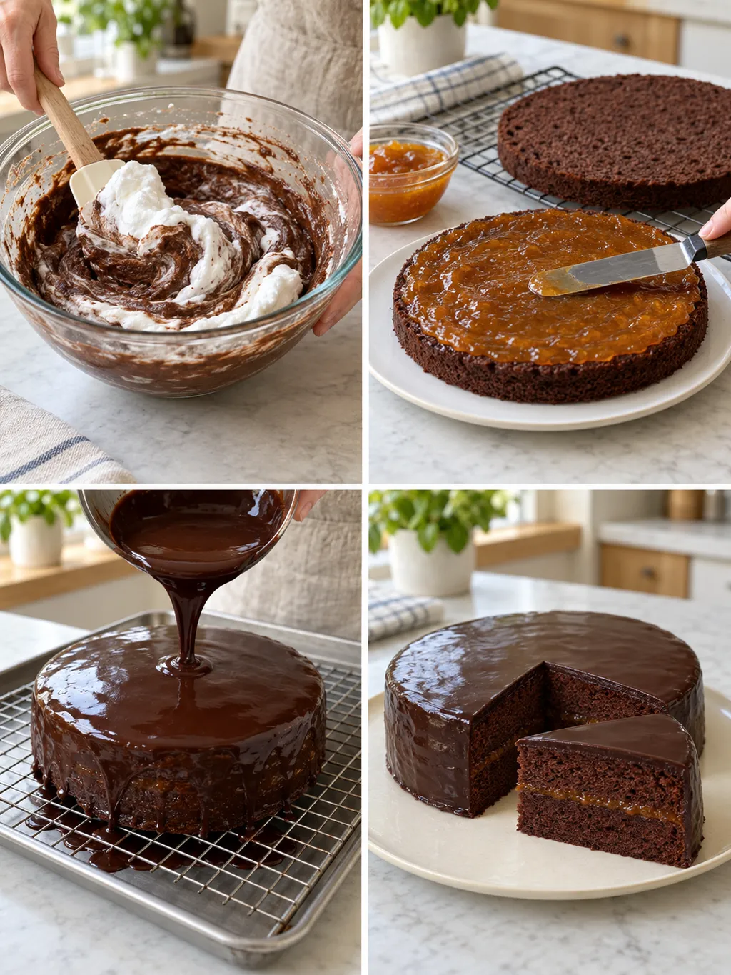 Sachertorte vom Unterheben des Eischnees über Aprikosenfüllung und Glasur bis zum Anschnitt