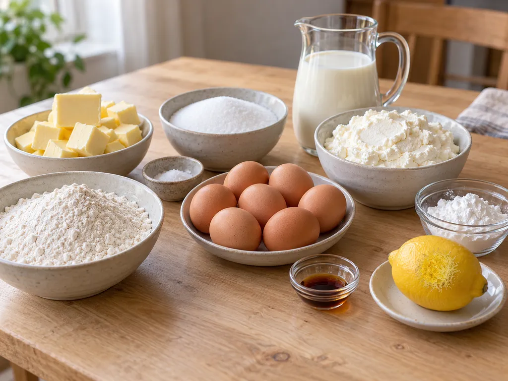 Mehl, Butter, Zucker, sieben Eier, Quark, Milch, Stärke, Vanille, Salz und Zitrone