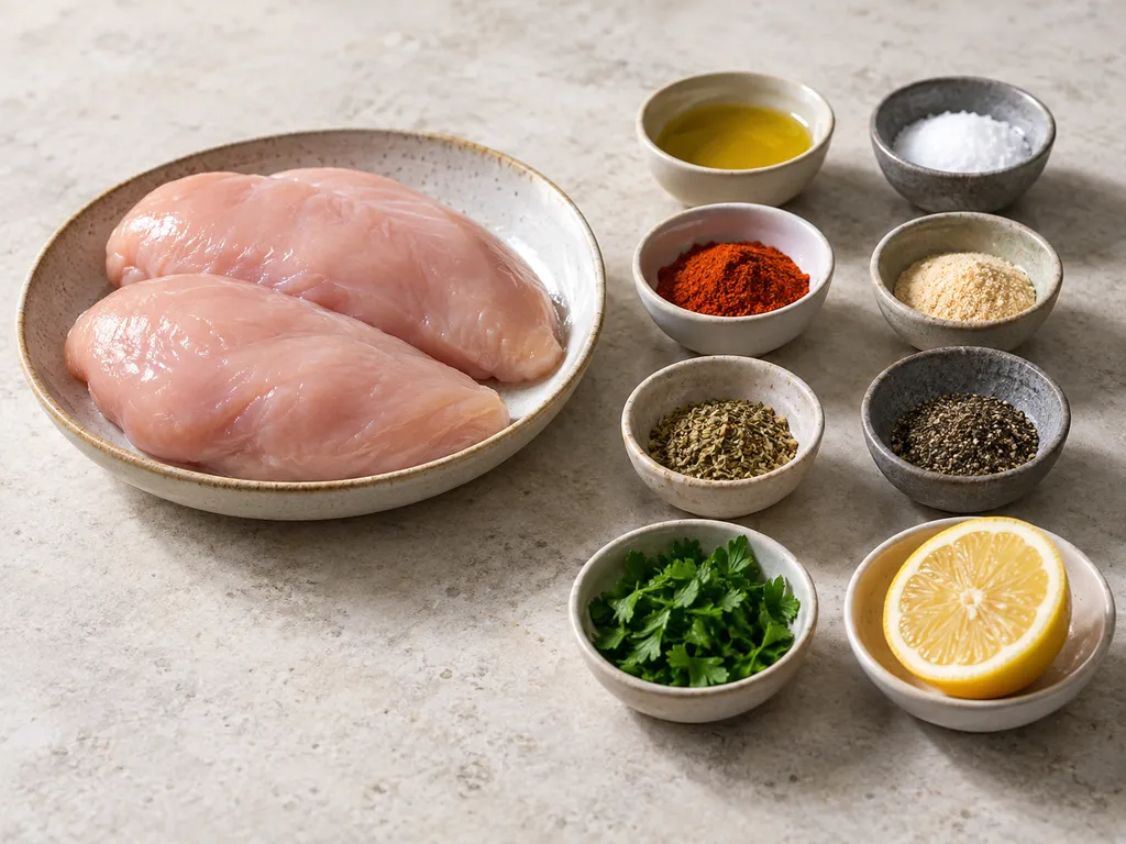 Zwei rohe Hähnchenbrustfilets mit Öl, Gewürzen, Petersilie und Zitrone in getrennten Schalen