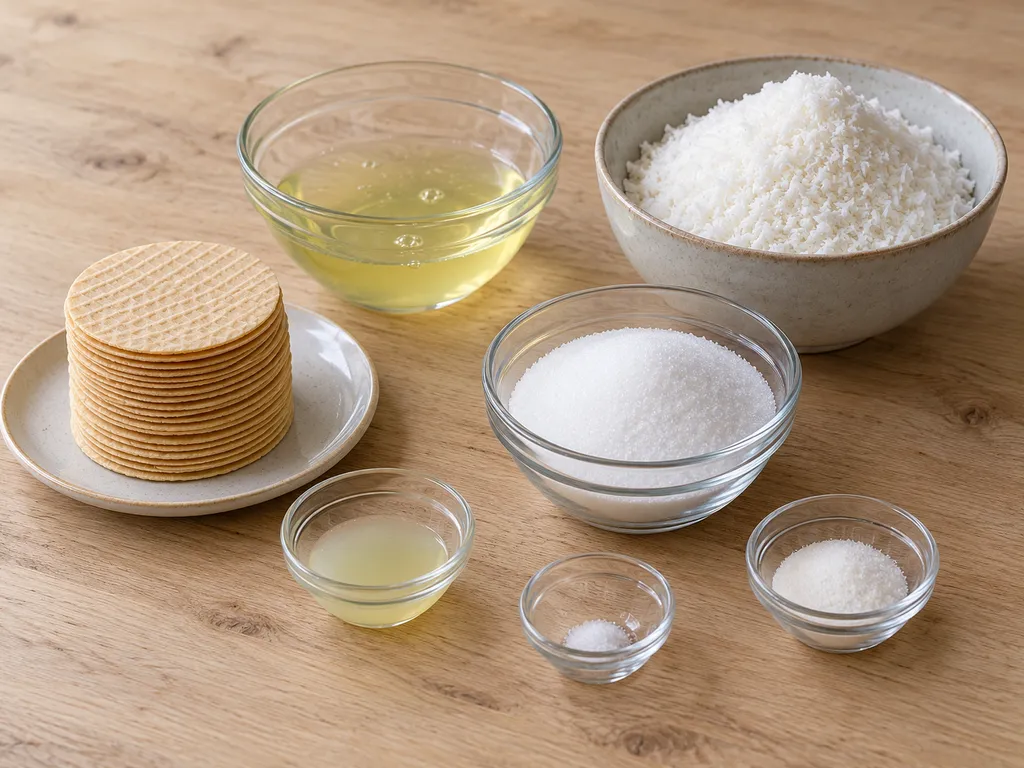 Kokosraspeln, Eiweiß, Zucker, Vanillezucker, Zitronensaft, Salz und Backoblaten