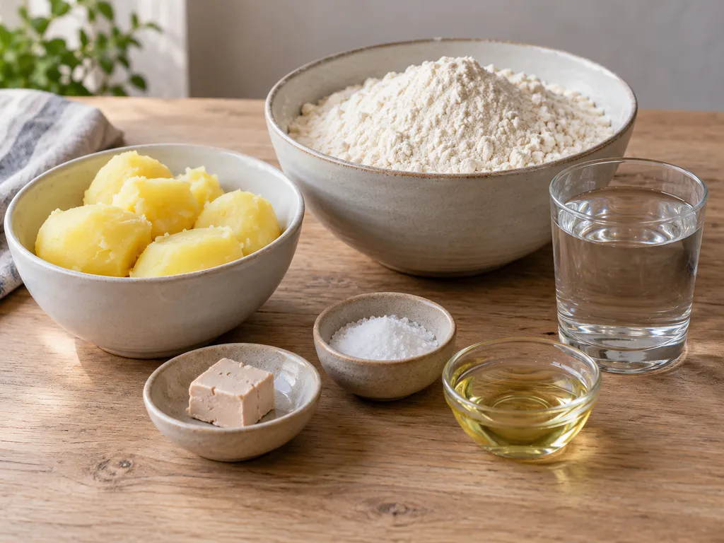 Gekochte Kartoffeln, Mehl, frische Hefe, Wasser, Salz und Rapsöl für Kartoffelbrot