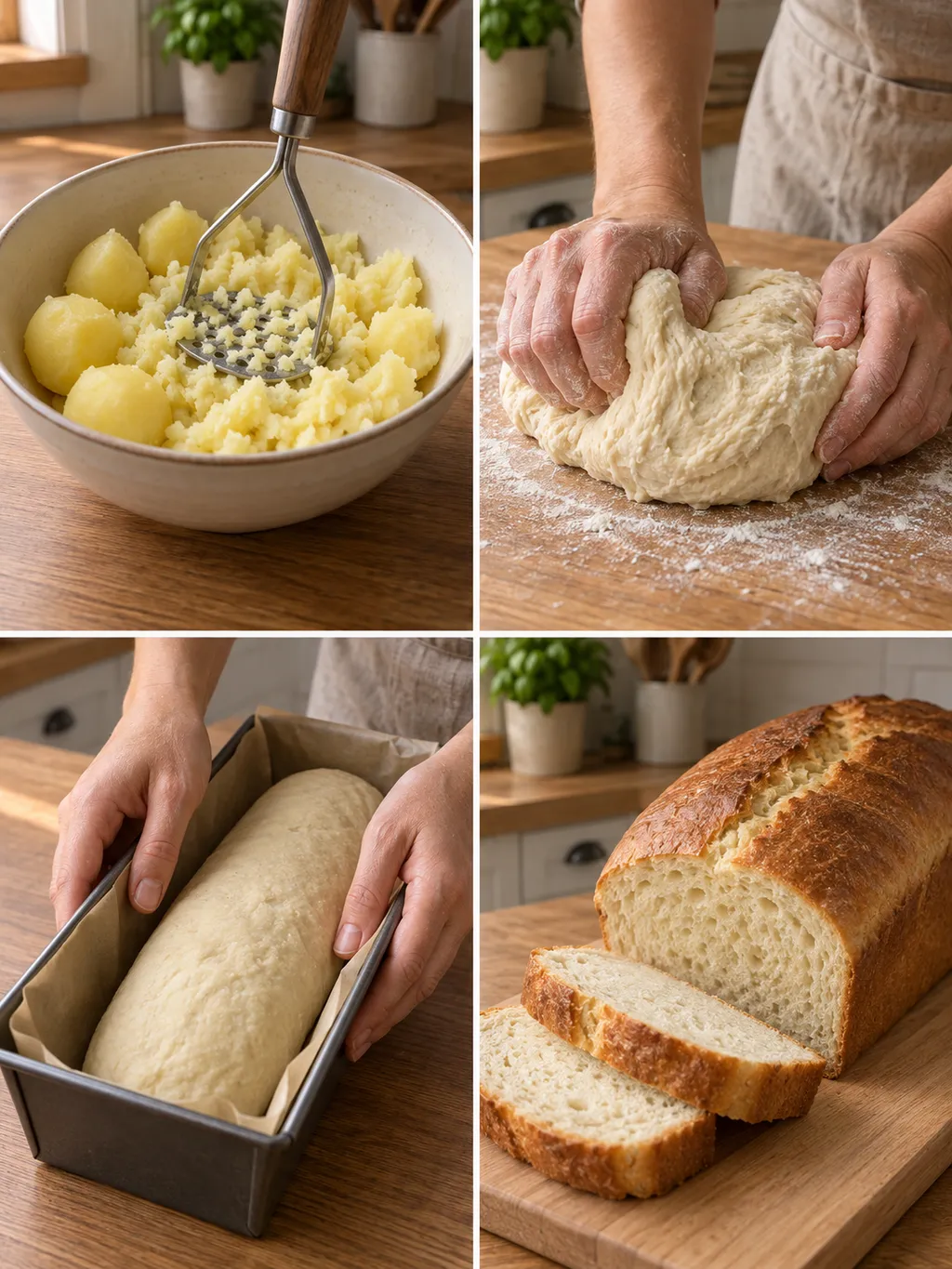 Kartoffeln zerdrücken, Brotteig kneten, Laib formen und fertig gebackenes Kartoffelbrot