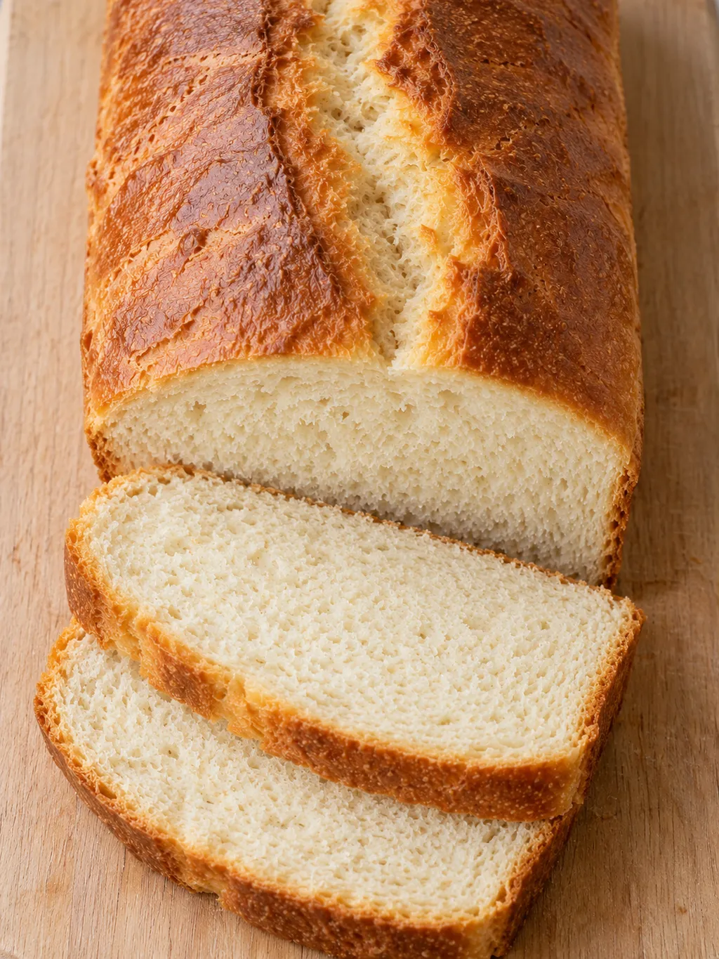 Saftiges Kartoffelbrot mit aufgeplatzter Kruste und zwei angeschnittenen Scheiben