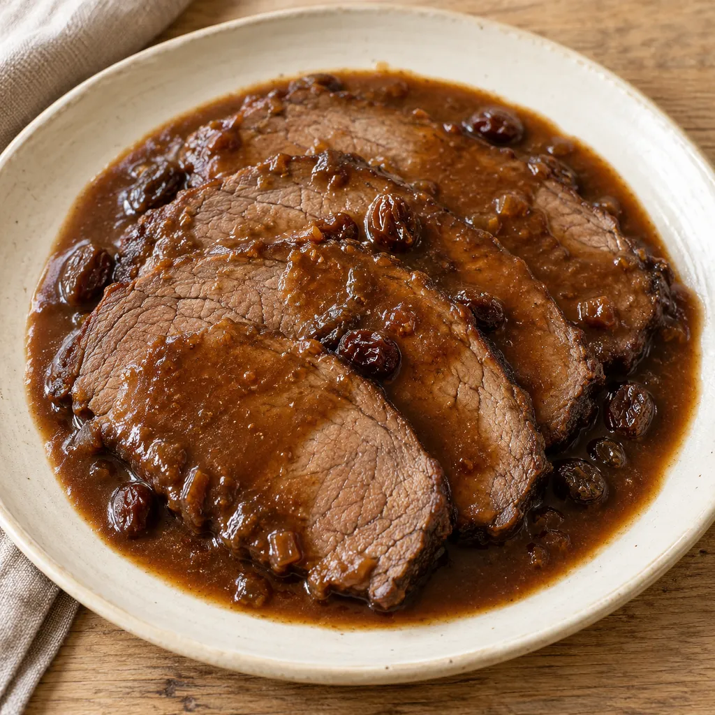 Sauerbraten in Scheiben mit dunkelbrauner Lebkuchensoße und Rosinen