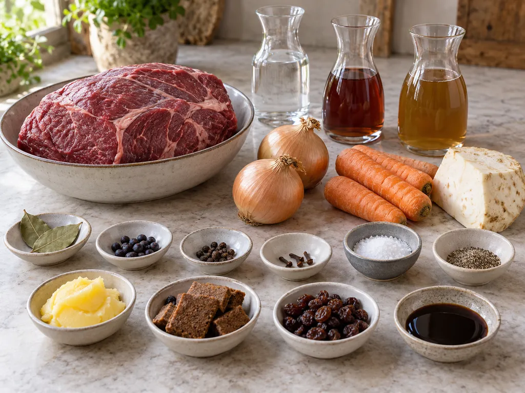 Rinderschulter, Essig, Gemüse, Gewürze, Soßenlebkuchen und Rosinen für Sauerbraten