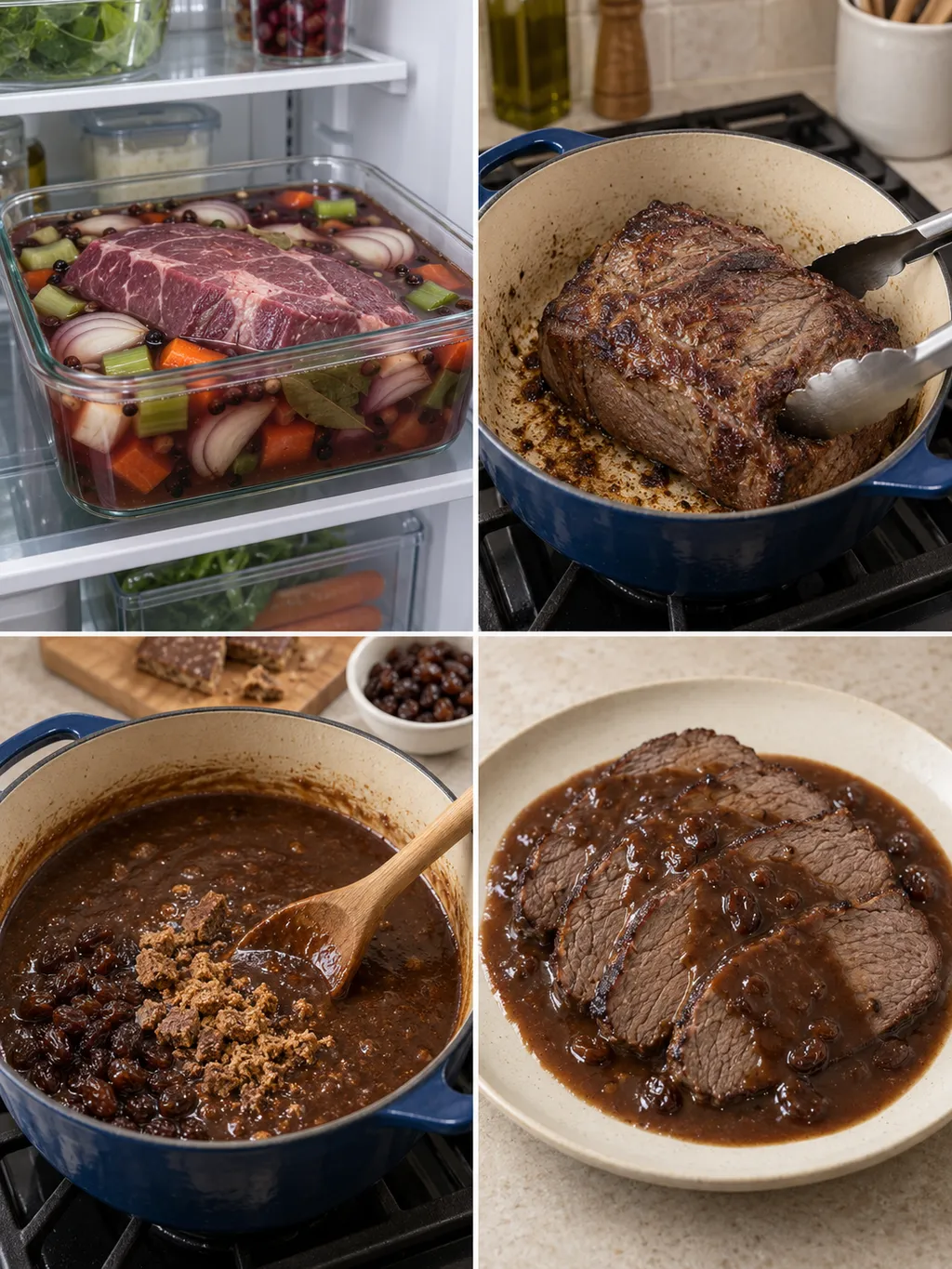 Sauerbraten beim Einlegen, Anbraten und Soßenbinden sowie fertig in Scheiben