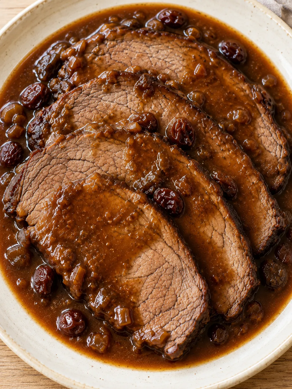 Überlappende Sauerbratenscheiben mit sämiger Lebkuchensoße und Rosinen