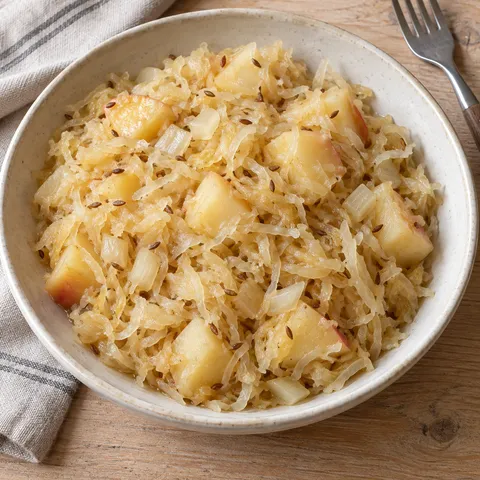 Sauerkraut mit weichen Apfelstücken und Kümmel in einer hellen Keramikschale