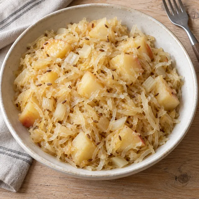 Sauerkraut mit weichen Apfelstücken und Kümmel in einer hellen Keramikschale