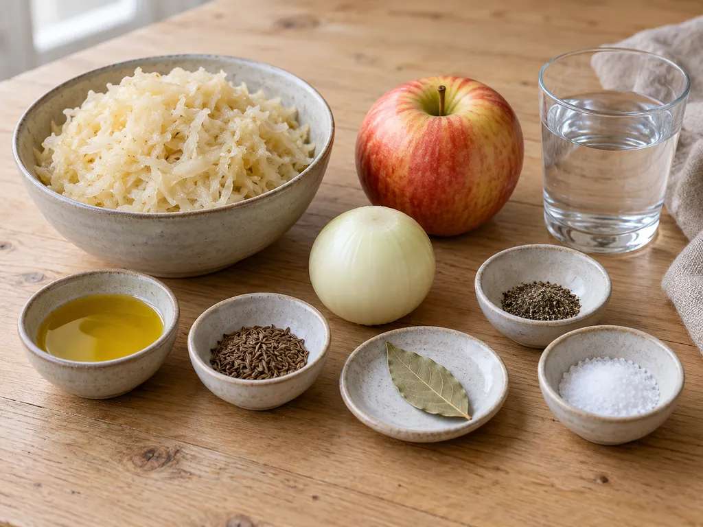 Sauerkraut, Apfel, Zwiebel, Rapsöl, Wasser und Gewürze auf einer Holzfläche