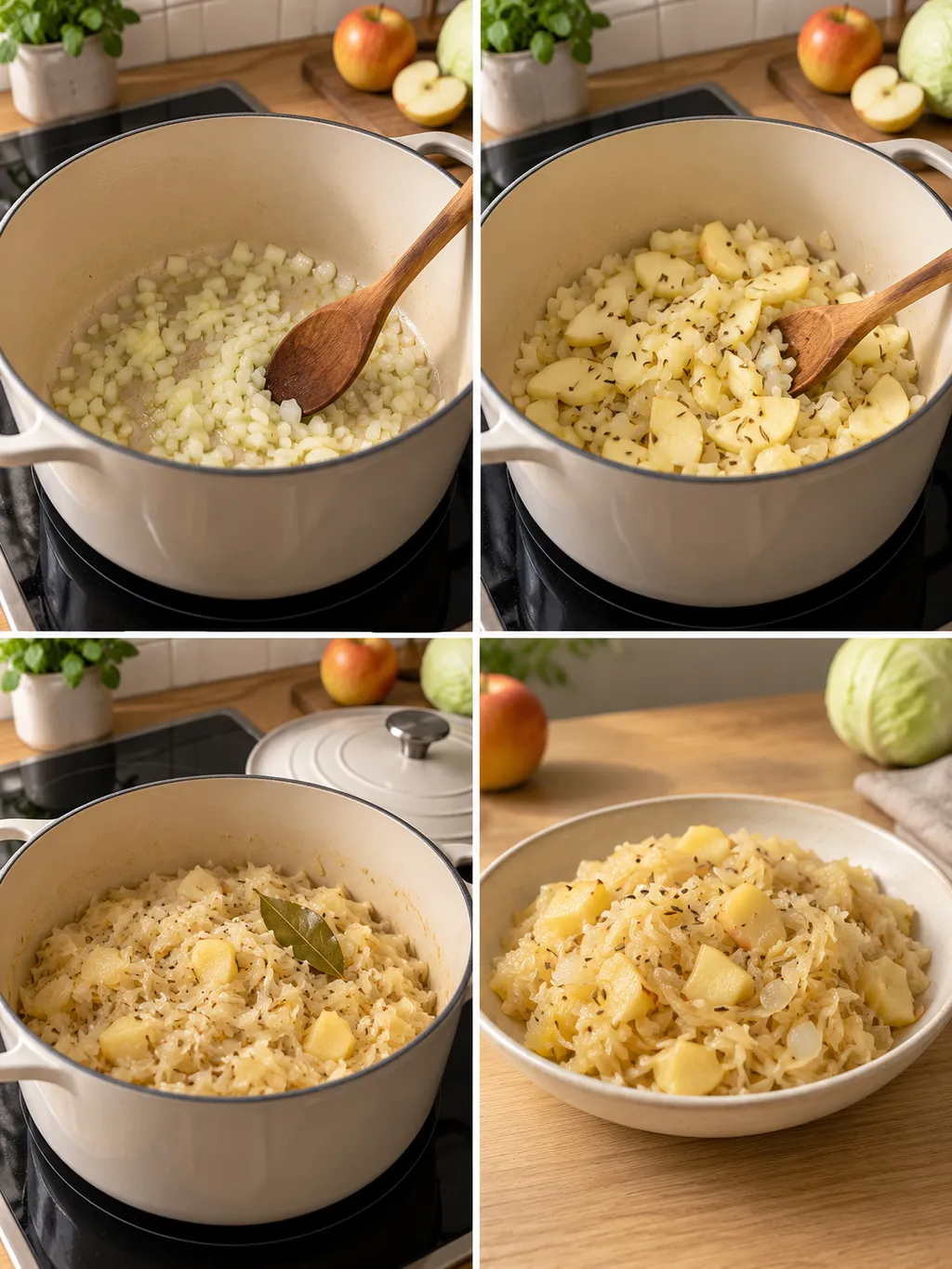 Zwiebel anschwitzen, Apfel zugeben, Sauerkraut schmoren und fertig anrichten