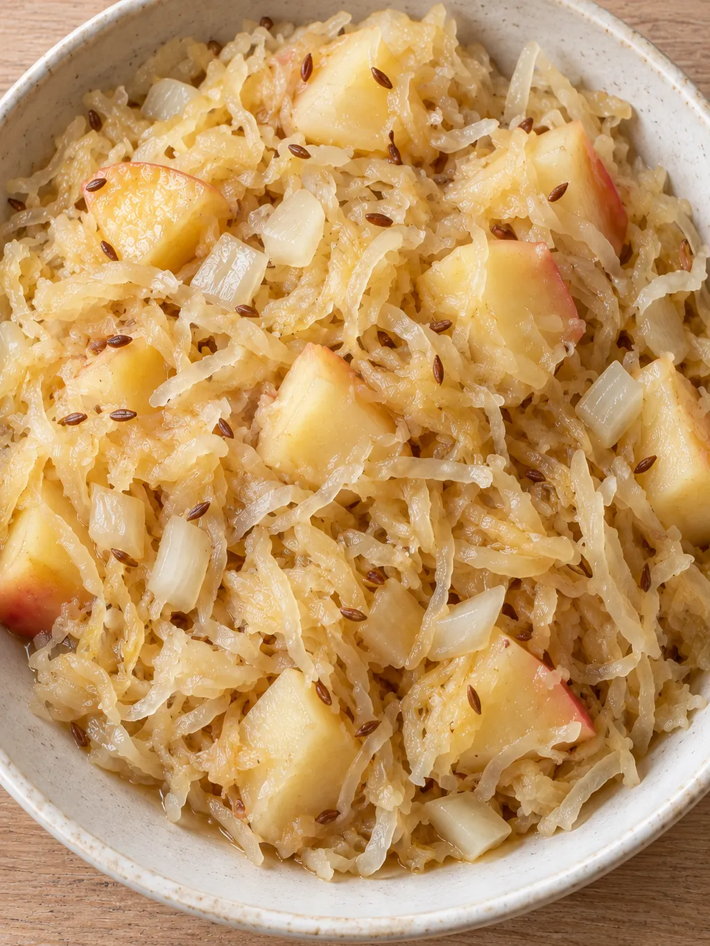 Saftiges Apfelsauerkraut mit Zwiebel und Kümmel in einer cremeweißen Schale