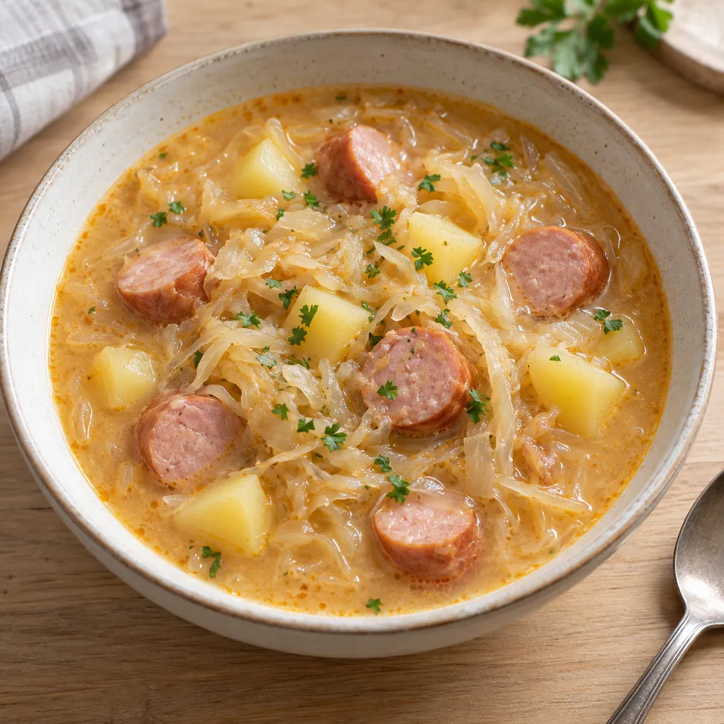 Sauerkrautsuppe mit Kartoffelwürfeln, Wiener Würstchen und Petersilie