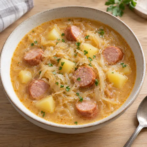 Sauerkrautsuppe mit Kartoffelwürfeln, Wiener Würstchen und Petersilie