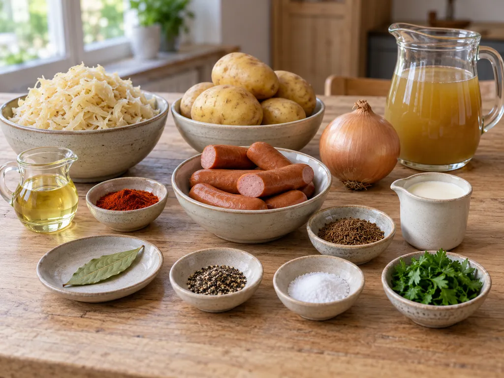 Sauerkraut, Kartoffeln, Wiener Würstchen, Sahne und Gewürze für die Suppe