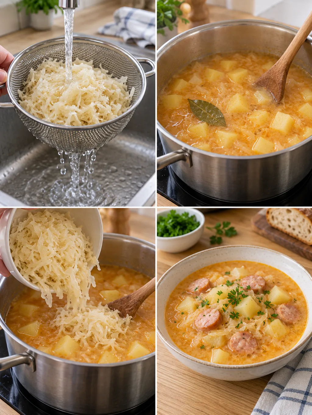 Sauerkraut abspülen, Kartoffeln garen, Kraut ergänzen und fertige Suppe anrichten