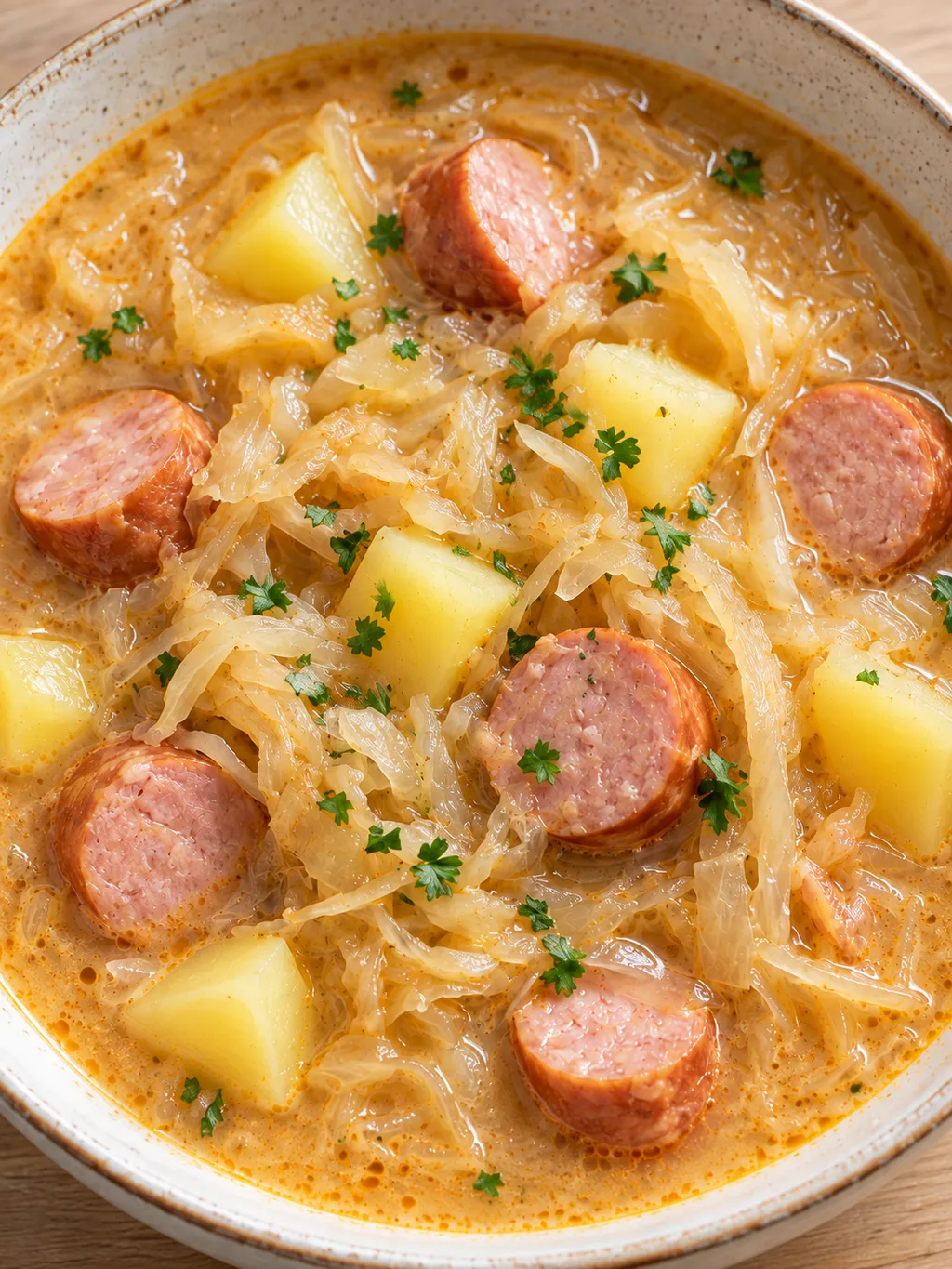 Cremige Sauerkrautsuppe mit Kartoffeln und geräucherten Wiener Würstchen