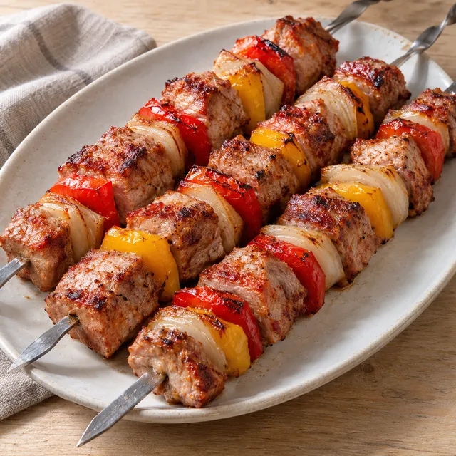 Gegrilltes Schaschlik mit Schweinefleisch, roter und gelber Paprika und Zwiebeln