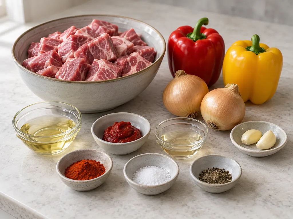 Schweinenacken, Paprika, Zwiebeln und getrennte Zutaten für die Schaschlikmarinade