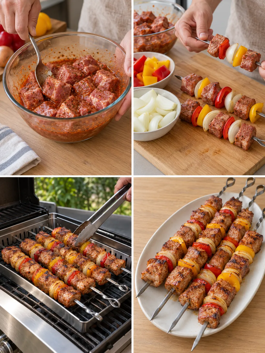 Schaschlik marinieren, aufstecken und grillen sowie fertig gegarte Spieße auf einer Platte
