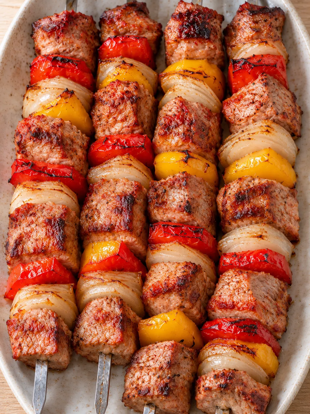 Gebräunte Schaschlikspieße mit Paprika und Zwiebeln auf einer hellen Platte