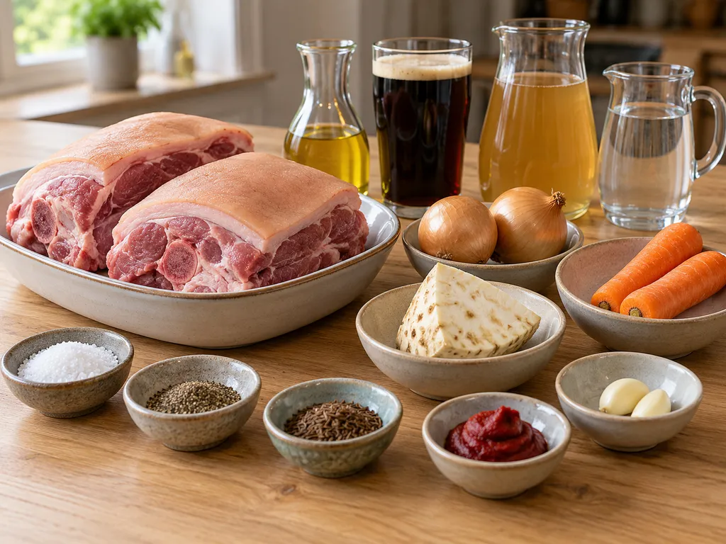 Schweineschulter, Röstgemüse, Kümmel, dunkles Bier und Brühe für Schäufele