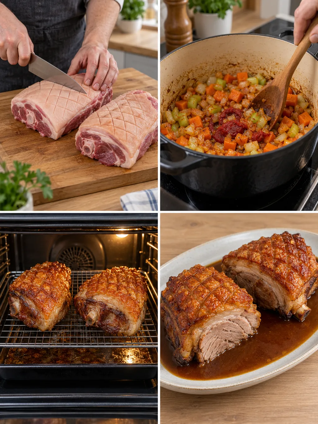 Schäufele beim Einschneiden, Gemüserösten, Aufknuspern und fertig mit Biersoße
